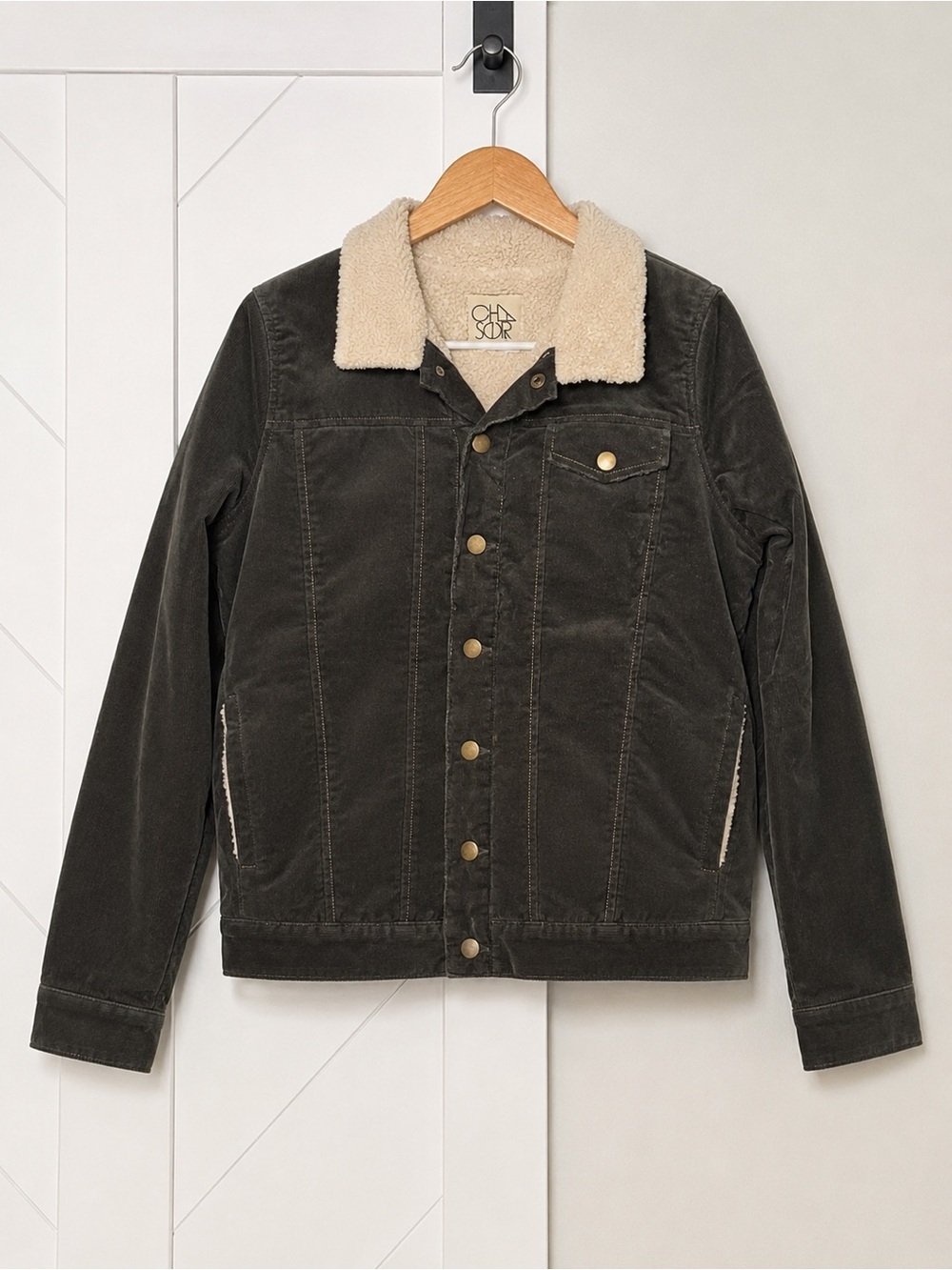 Chaser Sherpa Lined Corduroy Trucker Jacket Dark Olive Charcoal Large NWT
